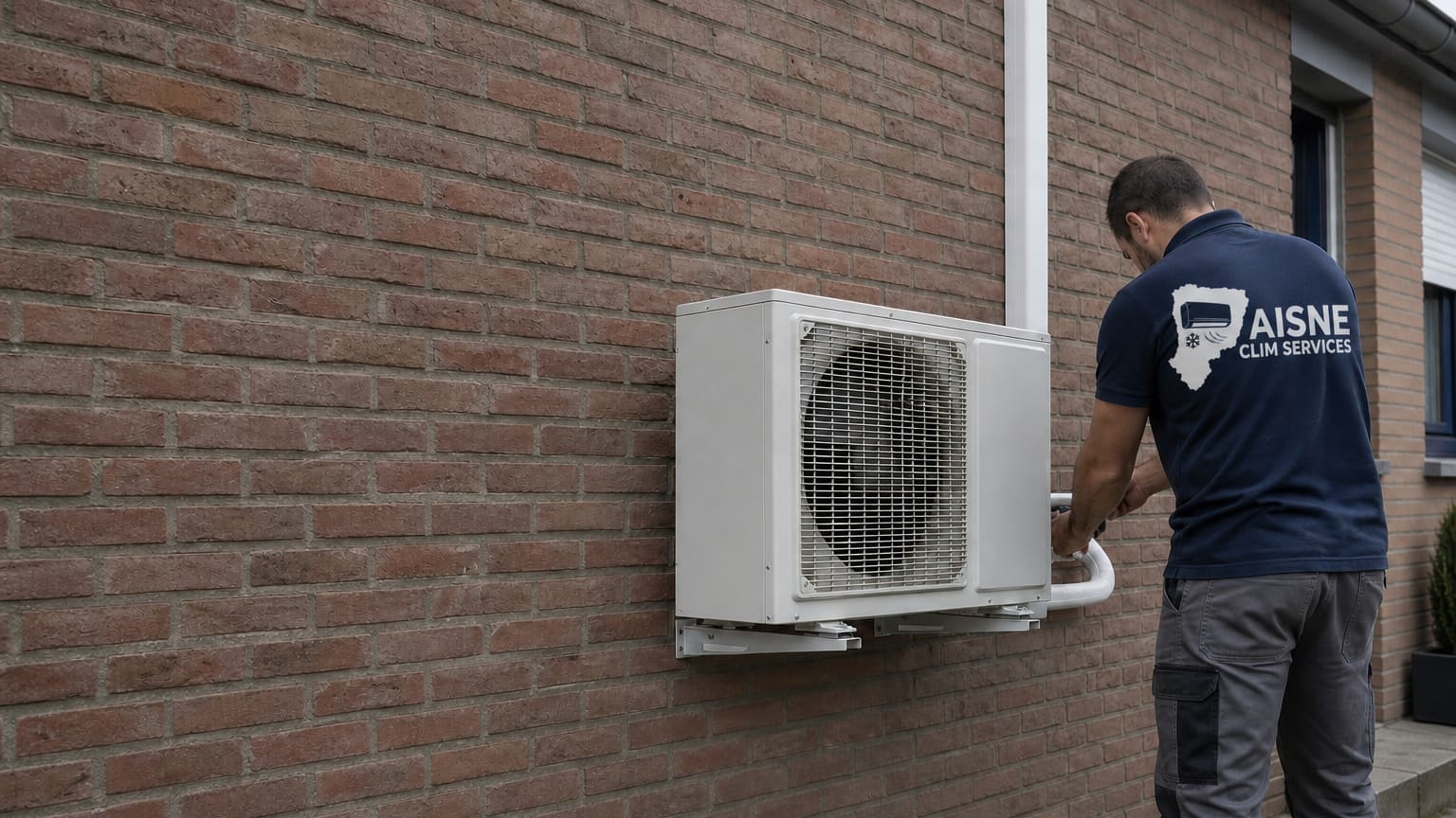 Pompe à chaleur extérieure près d'une façade en brique