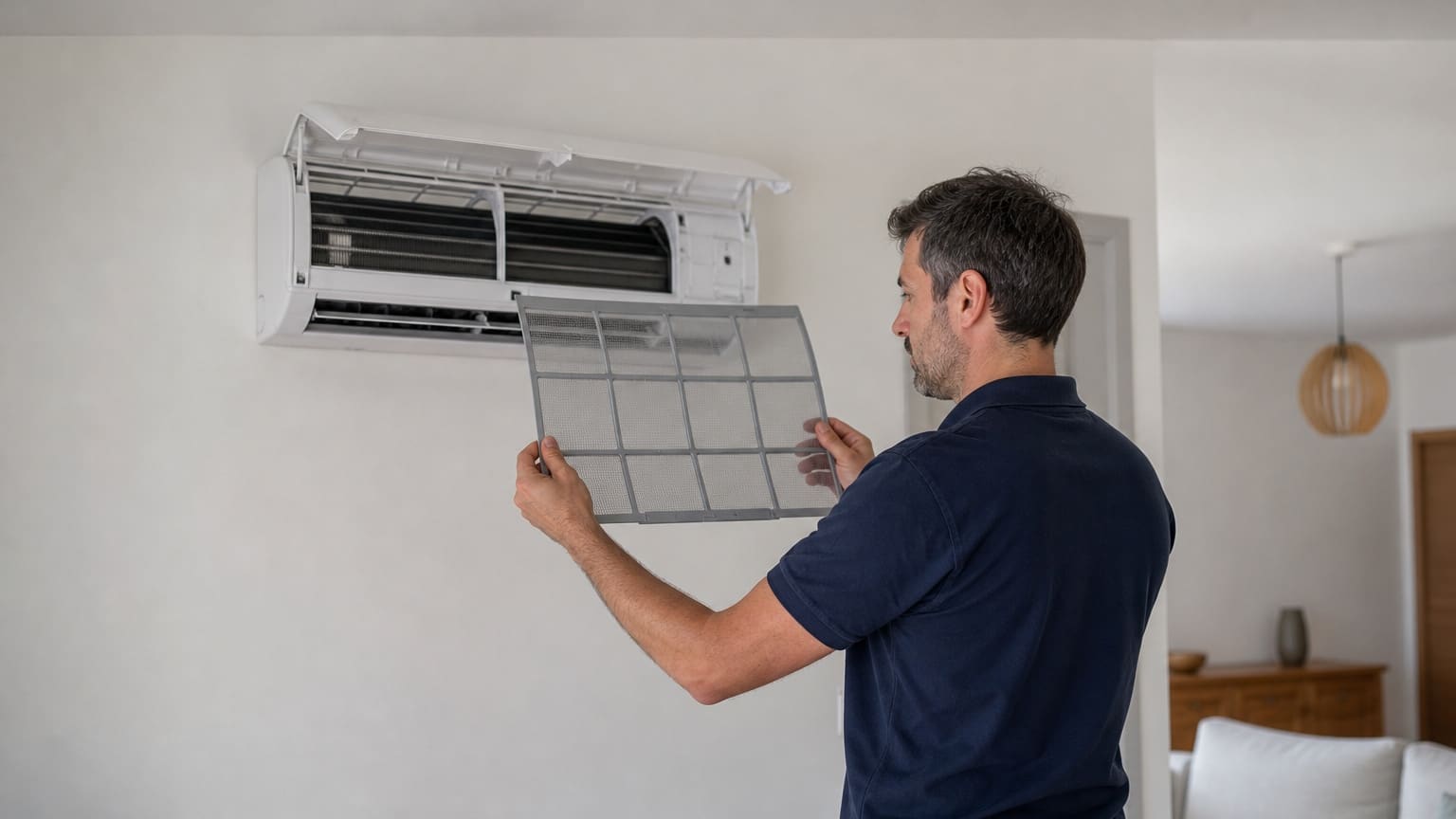 Technicien AISNE CLIM qui entretient une unité intérieure de climatisation à Saint-Quentin