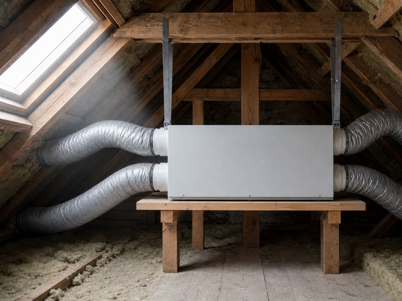 Caisson de VMC double flux installé dans des combles dans l'Aisne