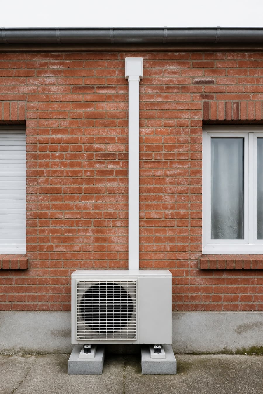 Goulotte de climatisation alignée sur une façade en brique dans l'Aisne