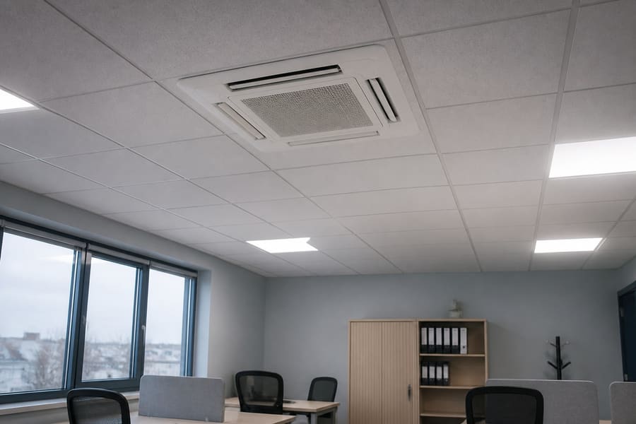 Cassette de climatisation encastrée dans un plafond de bureaux à Saint-Quentin