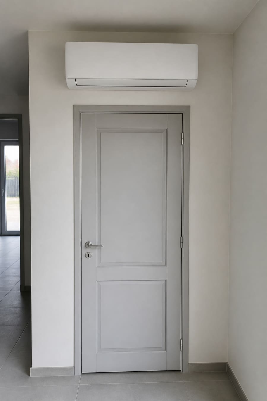 Unité intérieure de climatisation posée au-dessus d'une porte dans une maison de l'Aisne